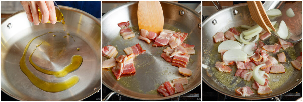 A sequence of three images: pouring olive oil into a skillet, cooking bacon pieces in the skillet, then adding sliced onions to the skillet with the bacon.