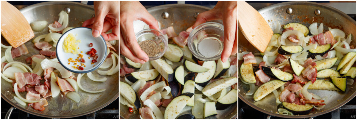 A three-panel image shows bacon, onions, and eggplant cooking in a pan. Ingredients like minced garlic, chili flakes, and seasonings are being added by hand with a wooden spatula stirring the mixture.