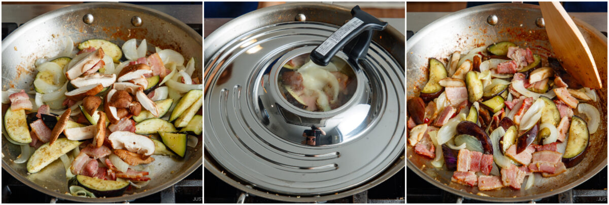 Three images show a skillet: first with sliced onions, eggplant, mushrooms, and bacon; second with a lid covering the cooking food; third with everything mixed and sautéed using a spatula.