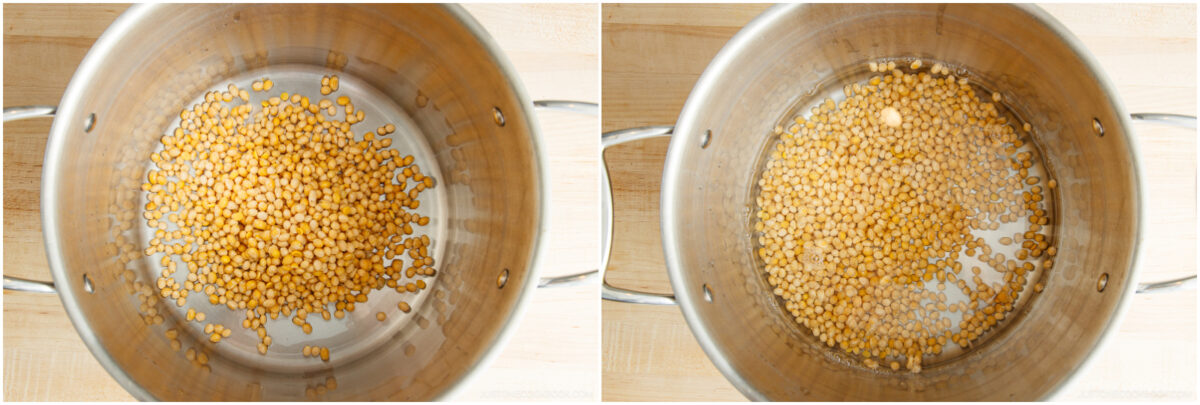 Side-by-side images showing a metal pot with popcorn kernels; on the left, the dry kernels sit on the bottom, and on the right, the kernels are submerged in water.