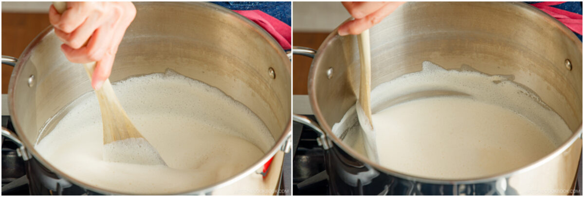 Two images side by side show hands stirring milk in a stainless steel pot on a stove with a wooden spatula. The milk is frothy and steaming as it heats.