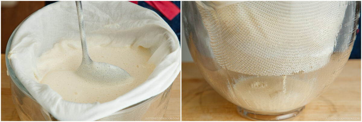 A metal spoon stirs a creamy liquid in a cloth-lined bowl, and a close-up shows the cloth straining the liquid over a glass bowl on a wooden surface.