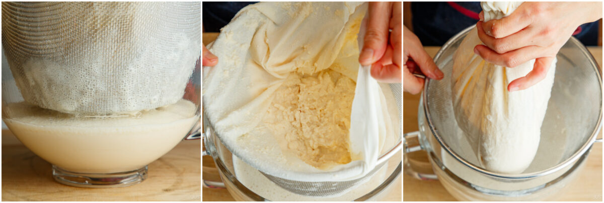 A collage shows soy milk being strained through cloth into a bowl, with close-up hands squeezing the cloth to separate soy pulp from liquid.