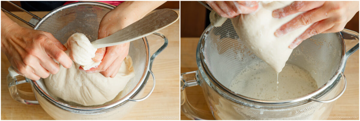 Two side-by-side images show hands squeezing a cheesecloth bundle of tofu over a strainer, pressing and draining liquid into a glass bowl below.