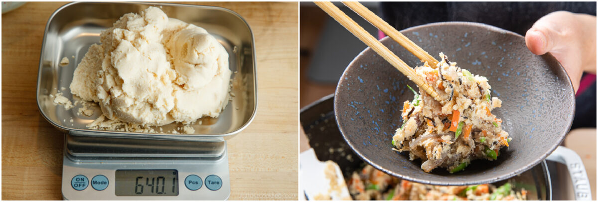 A split image: on the left, a metal tray with about 640 grams of okara (soybean pulp) on a digital scale; on the right, chopsticks holding a bite of cooked okara with vegetables above a bowl.