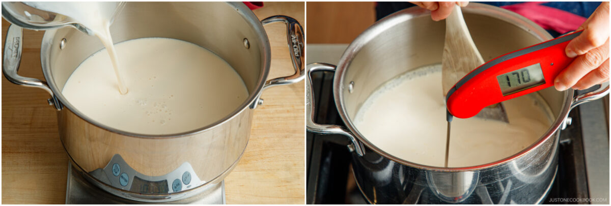 Side-by-side images: milk being poured into a saucepan on the left, and a person using a red digital thermometer to check milk temperature in a saucepan on the right.