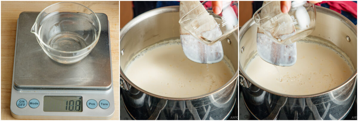 A collage shows: a glass beaker with 108g water on a digital scale, then the beaker pouring its contents into a pot of milk on the stove, and finally the beaker fully emptied into the milk.
