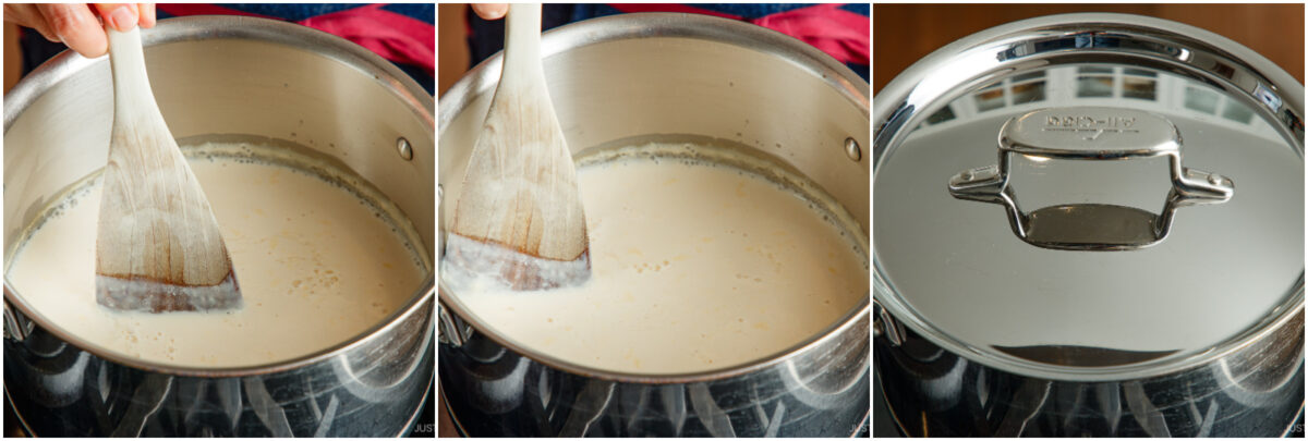 Three side-by-side images show milk being stirred in a saucepan with a wooden spatula, then the milk after stirring, and finally the saucepan covered with a stainless steel lid.