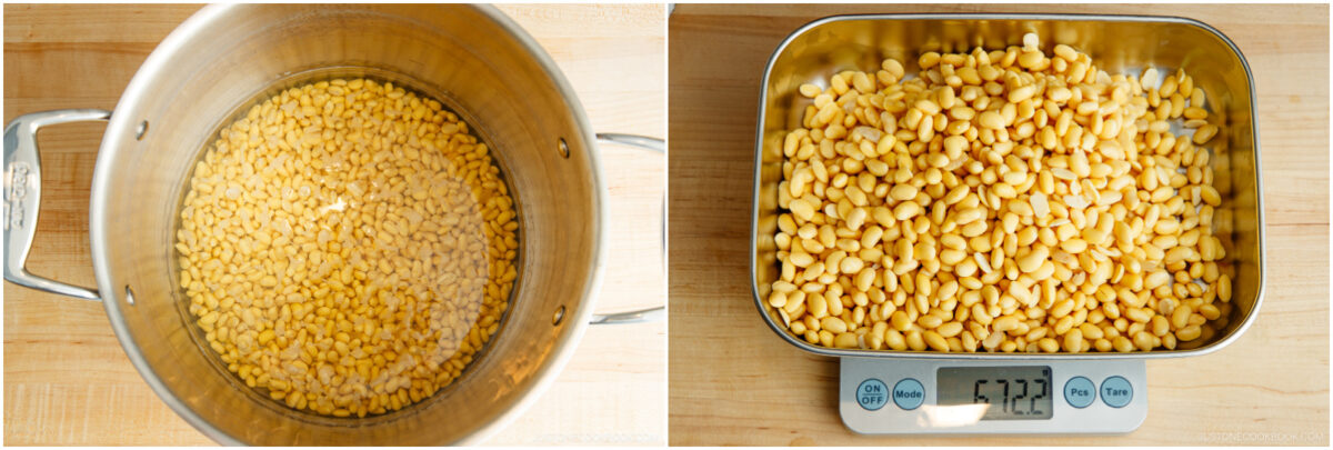 Two images side by side: on the left, dried white beans soaking in water in a large metal pot; on the right, the same soaked beans are drained and weighed on a digital kitchen scale, showing 672 grams.