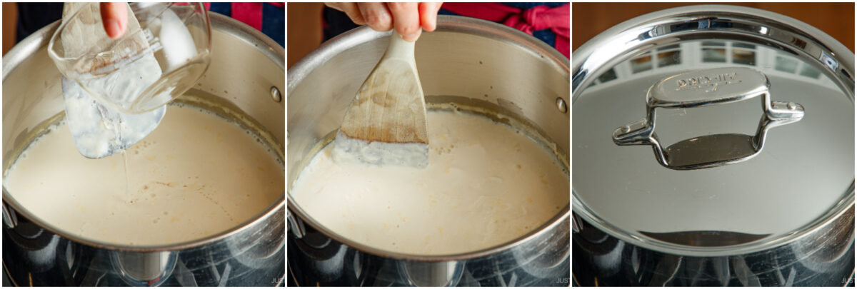 Three images show: pouring a liquid into a pot with cream, stirring the mixture with a spatula, and the pot covered with a lid, all steps in a cooking process.