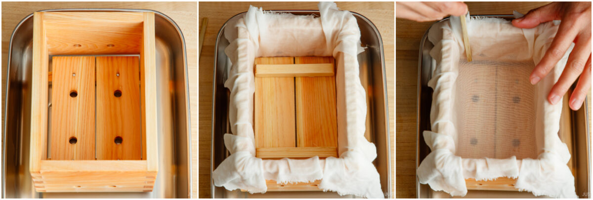 Three-panel image showing steps for preparing a wooden tofu press: placing the press in a tray, lining it with cloth, and brushing water over the cloth.