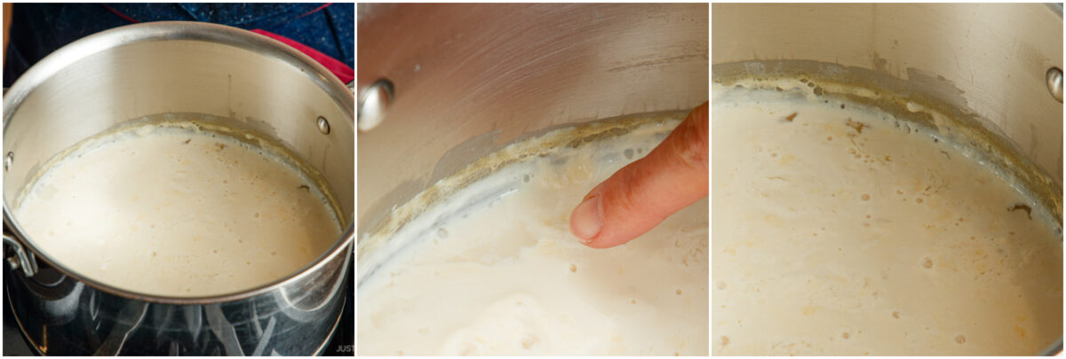 A sequence of three images shows milk heating in a pot. The first image shows the milk starting to form a film. The second and third images focus on the film, with a finger touching it in the third image.