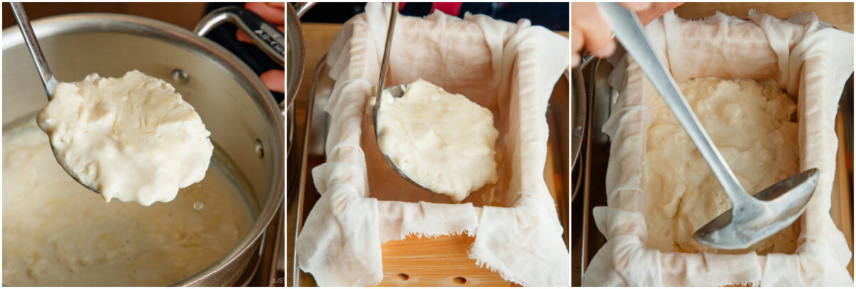 A three-panel image showing a ladle scooping cheese curds from a pot and pouring them into a cheesecloth-lined mold to make homemade cheese.