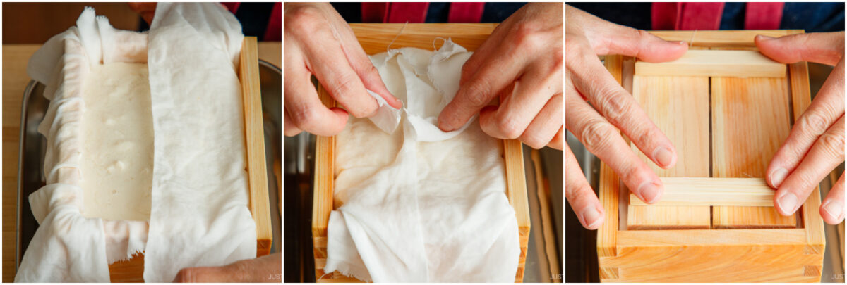 Three panels show tofu being made: spreading curds in a cloth-lined mold, folding the cloth over the tofu, and pressing with a wooden lid. Hands are visible working in each step.