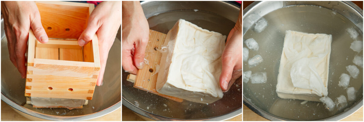 Three photos show tofu being removed from a wooden mold over a bowl of water, then placed in ice water to cool. Hands are holding the mold and tofu in the first two images.