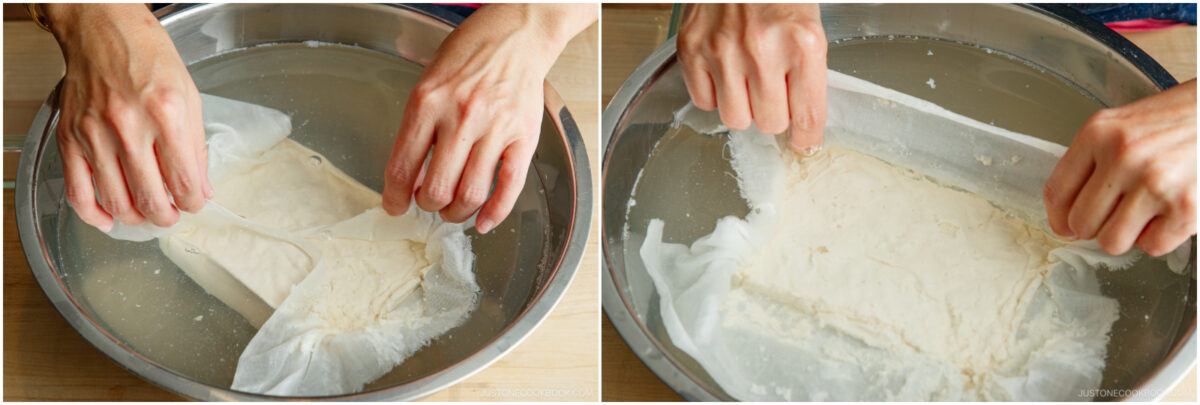 Two images show hands gently lifting a block of tofu out of water using a piece of parchment or cheesecloth, demonstrating the process of handling tofu carefully to avoid breaking it.