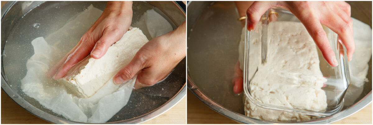 Two images side by side show hands submerging a block of tofu in water. On the left, the tofu is being wrapped with a cloth, and on the right, it is being pressed with a glass container.