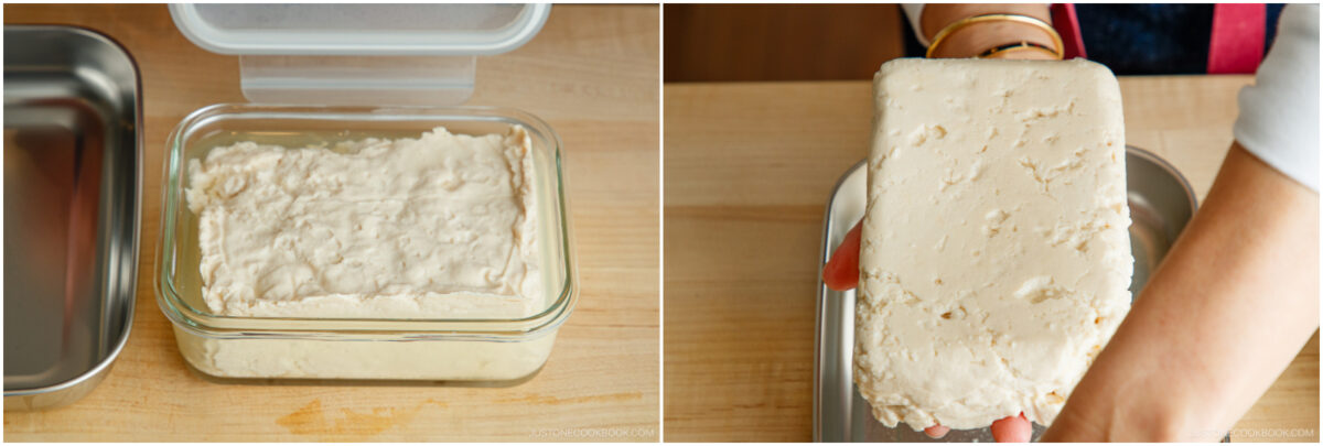 Two-panel image: On the left, a glass container holds a block of tofu on a wooden surface. On the right, a person’s hand lifts the tofu block out of the container over a metal tray.