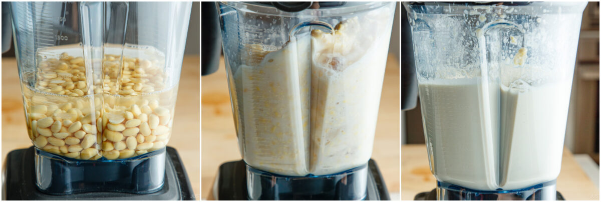 Three-panel image of a blender: first with soaked soybeans, second with soybeans and water blending, and third with a smooth, milky liquid, showing the process of making soy milk.
