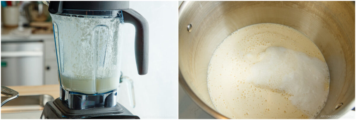 A split image: on the left, a blender with frothy white liquid inside; on the right, a pot with a foamy, creamy liquid on the surface. Both images appear to show steps in a cooking process.