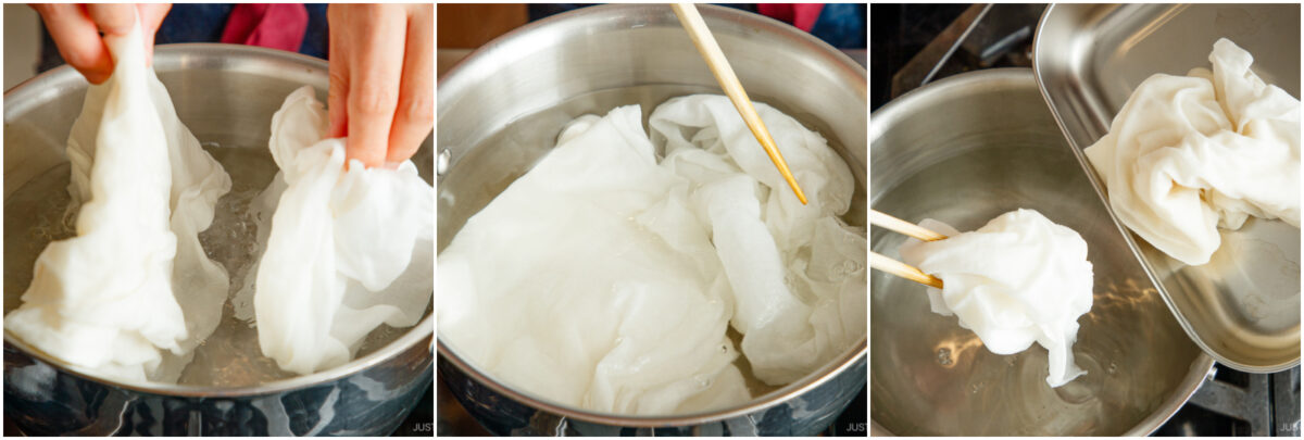 Three-panel image showing hands boiling pieces of white cloth in a pot of water, using chopsticks to move and lift the cloth, demonstrating a process of cleaning or preparing fabric.