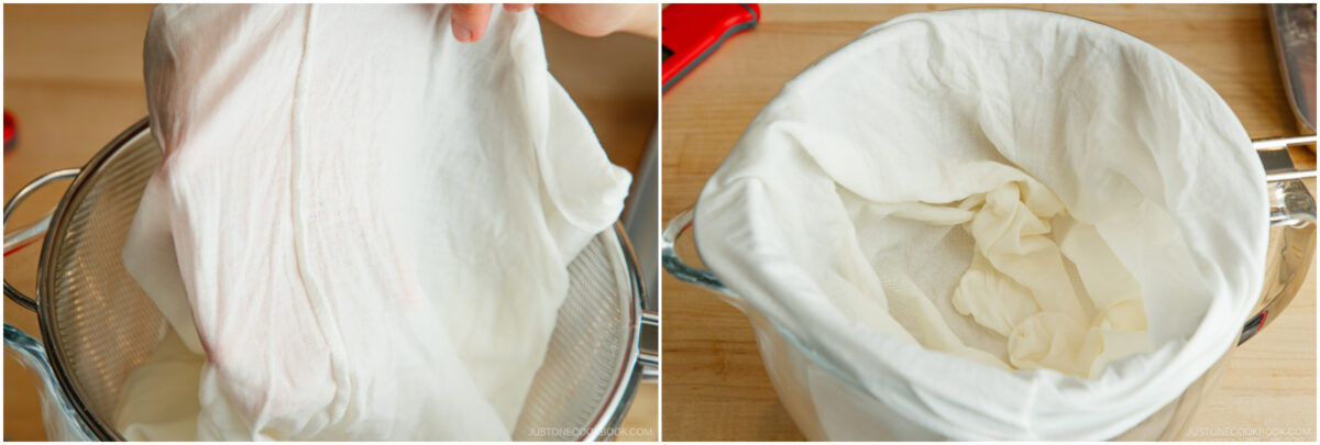 A cheesecloth is being placed over a metal strainer on the left, and on the right, the cheesecloth is fully lining the strainer, both set on a wooden surface.