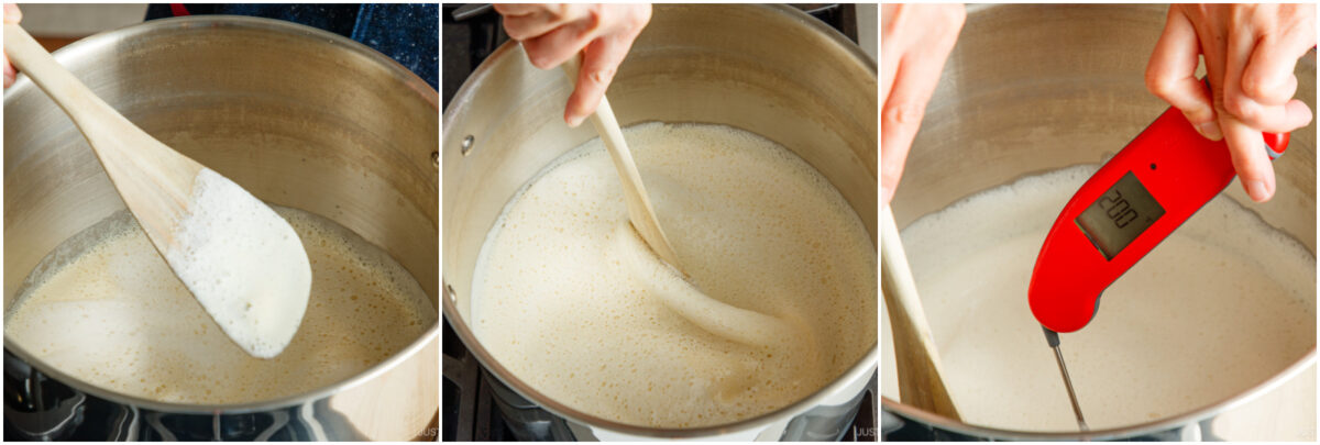 Three images show milk being heated in a pot: a wooden spoon stirs foamy milk, a hand stirs the milk, and a thermometer measures the milks temperature at 120°F.