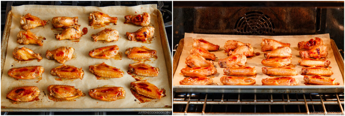 Two images side by side show chicken wings coated in sauce arranged on baking trays lined with parchment paper, placed in an oven for baking. The left tray has raw wings; the right tray shows wings partially cooked.