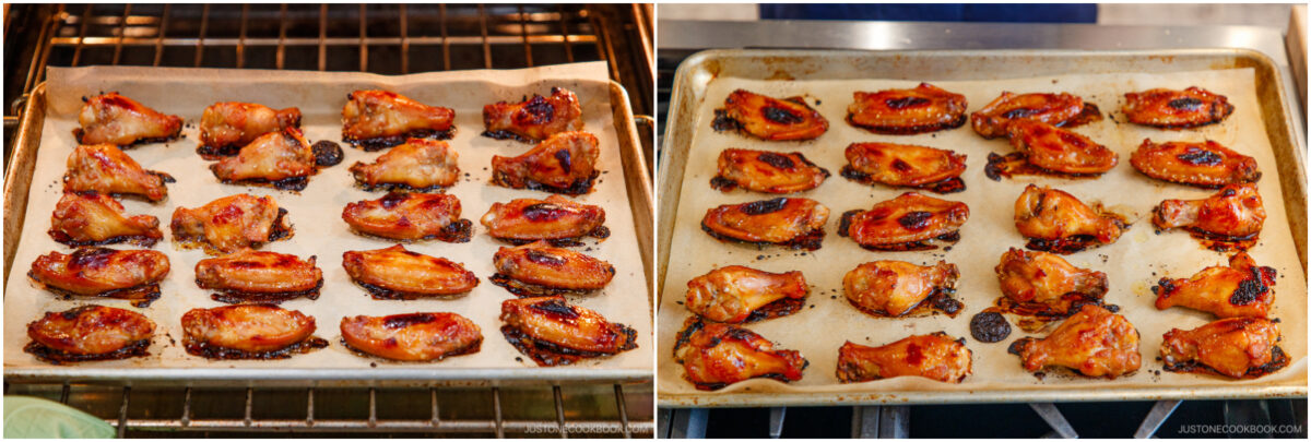 Two images side by side: both show a baking tray lined with parchment paper holding rows of cooked chicken wings in an oven and out of the oven, golden-brown and slightly crispy.