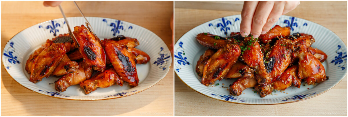 A plate of glazed chicken wings on a white floral dish. In the left image, tongs are being used to arrange the wings; in the right image, a hand sprinkles herbs over them.