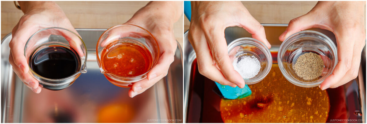Two images side by side: left shows hands holding cups of soy sauce and honey; right shows hands holding small bowls of salt and black pepper over a sauce mixture.