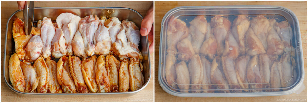 Two images: On the left, raw marinated chicken wings are arranged in a metal tray. On the right, the tray is covered with a clear plastic lid, showing the marinated wings inside.