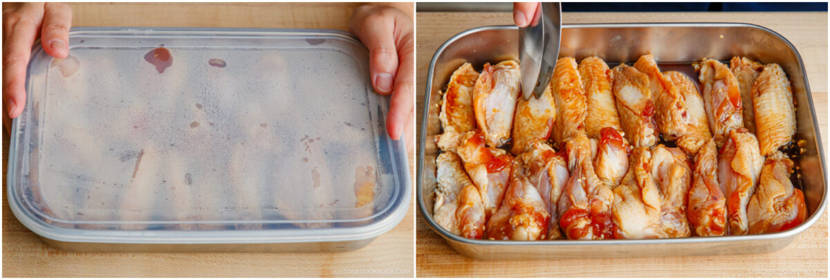Side-by-side images: left, hands closing a container with marinated chicken wings; right, metal tongs arranging sauced chicken wings in a metal tray on a wooden surface.