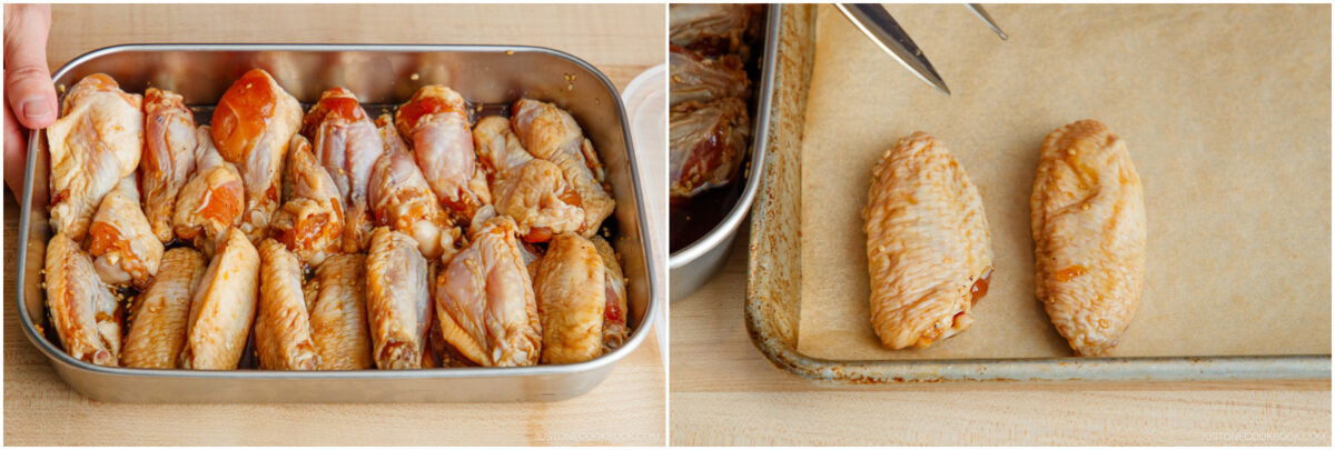 Two images side by side: on the left, raw marinated chicken wings in a metal tray; on the right, two raw marinated wings placed on a parchment-lined baking sheet.