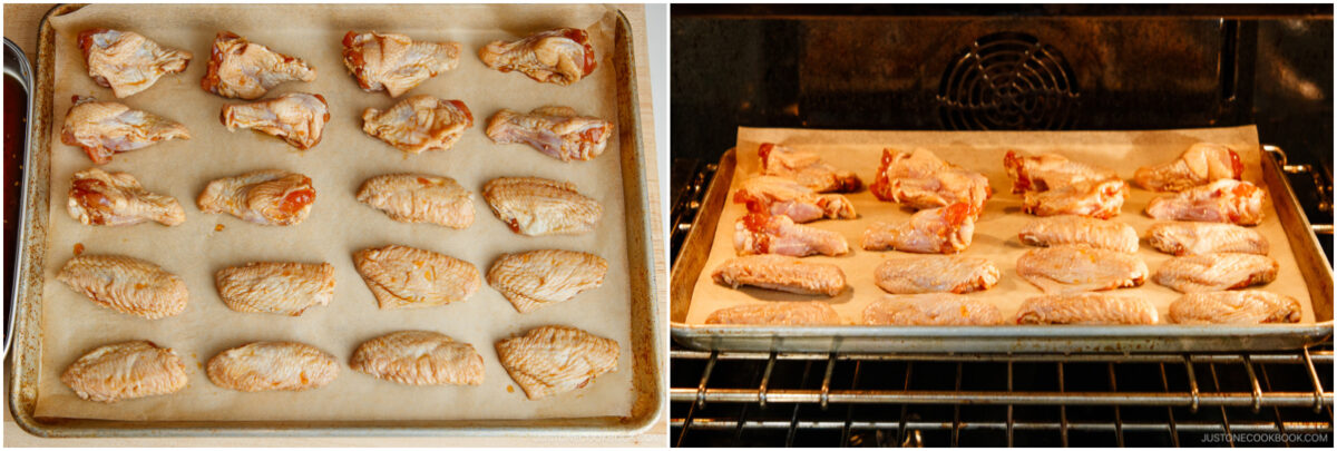 Two images side by side: raw chicken wings spread on a parchment-lined baking sheet on the left, and the same tray of chicken wings placed in an oven for baking on the right.