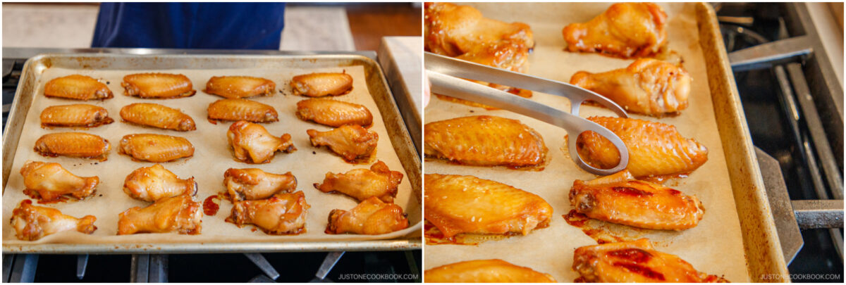 Two images side by side show chicken wings on a parchment-lined baking sheet; one image shows the wings before baking, and the other shows cooked wings with tongs picking one up.