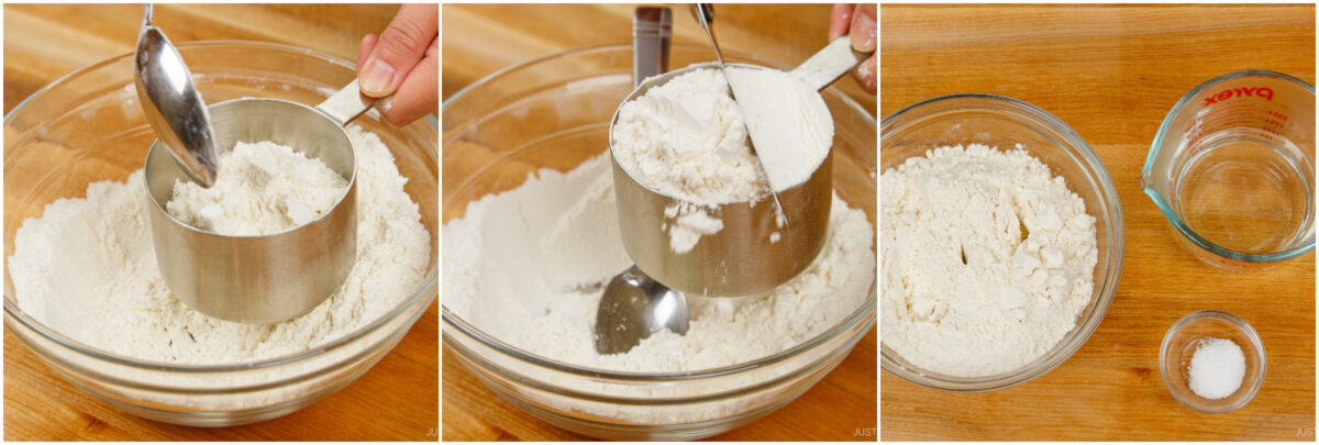 A sequence of three images shows measuring flour with a spoon and cup, transferring flour to a bowl, and ingredients for baking: a bowl of flour, a small bowl of salt, and a measuring cup of water on a wooden surface.