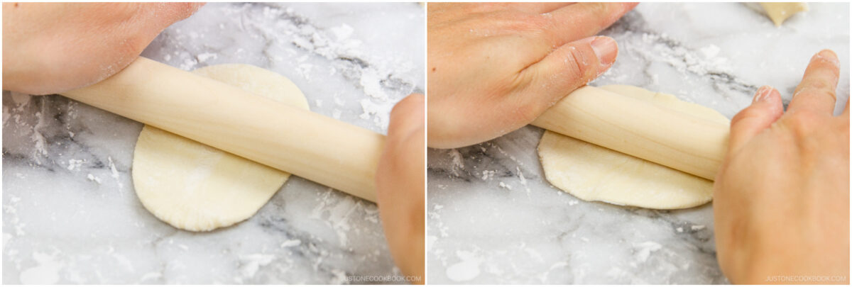 Two side-by-side images show hands using a rolling pin to flatten dough on a floured marble surface. The hands gently press and roll the pin over the round piece of dough.