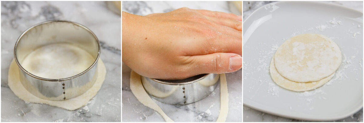 Three-panel image showing: a round metal cutter on rolled-out dough, a hand pressing the cutter into the dough, and two round dough pieces stacked on a floured white plate.