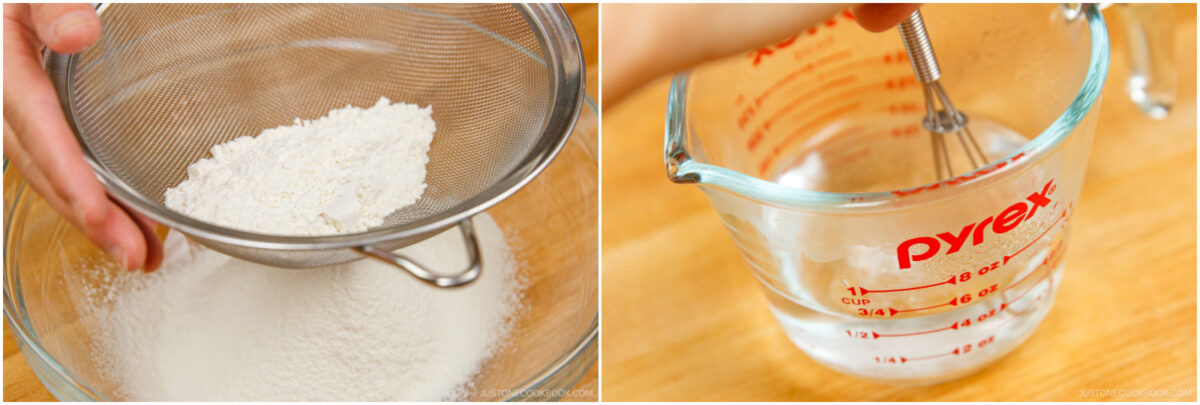 On the left, flour is being sifted into a glass bowl. On the right, a small whisk is stirring clear liquid in a Pyrex measuring cup, likely water. Both images show early baking preparation steps.