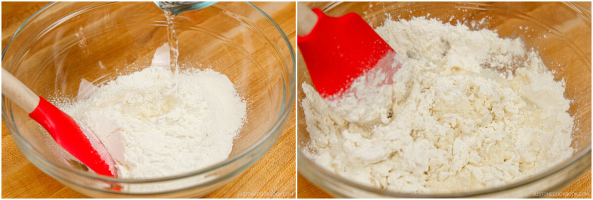 A side-by-side image shows flour in a glass bowl, with water being poured in the left frame and a red spatula mixing the ingredients in the right frame.