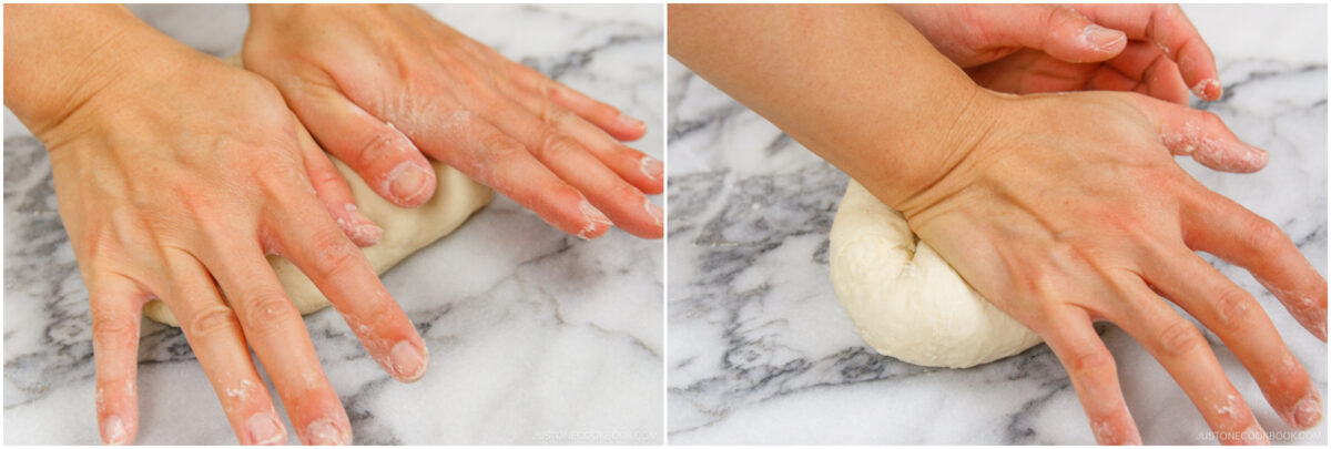 Two images show hands kneading dough on a marble surface. The hands are pressing and folding the dough, with some flour visible on the fingers and countertop.