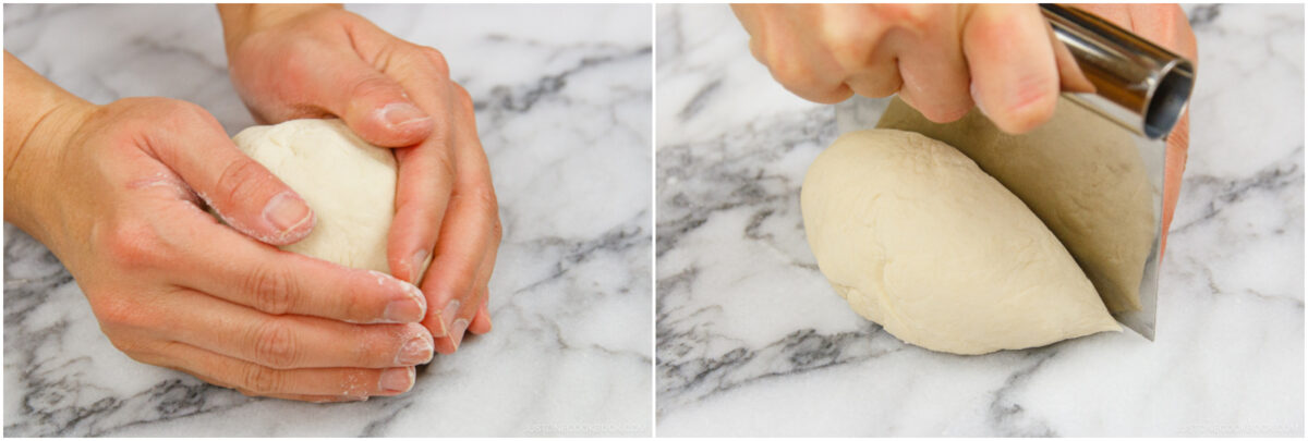 Two images: On the left, hands shape a ball of dough on a marble surface. On the right, a hand uses a metal dough scraper to cut the dough.