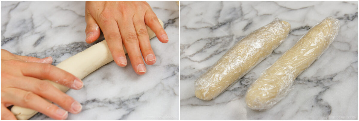 Hands rolling dough on a marble surface (left), and two logs of dough wrapped in plastic wrap resting on the same surface (right).