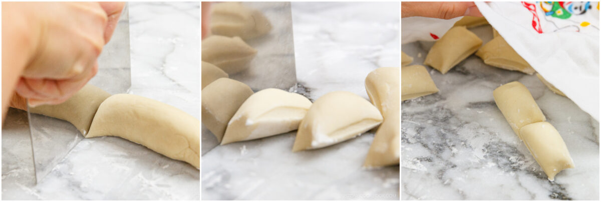 Three side-by-side images show hands cutting dough into pieces on a floured surface, the cut dough pieces, and then the pieces covered with a cloth to rest.
