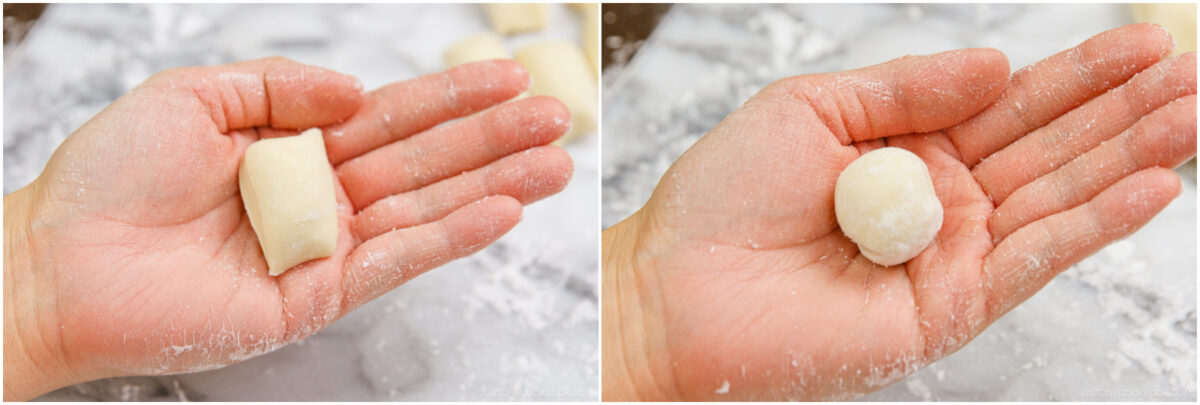 A hand holding a piece of dough in a rectangular shape on the left, and the same hand holding a round ball of dough on the right, with flour sprinkled on the hand and surface.