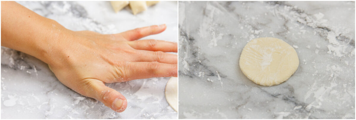 A hand presses a round piece of dough on a floured marble surface (left); a single round dough piece sits on the floured surface (right).