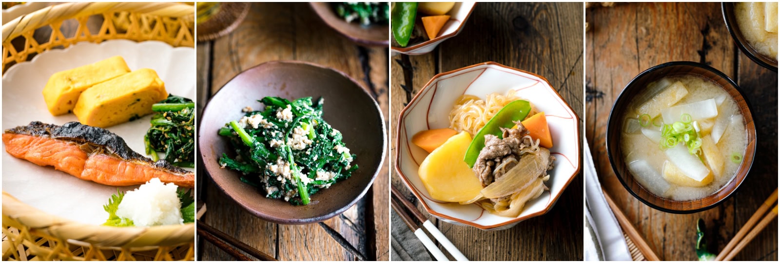 A collage of Japanese dishes: grilled salmon with tamagoyaki and greens, spinach with sesame sauce, simmered beef with vegetables, and a bowl of miso soup garnished with green onions.