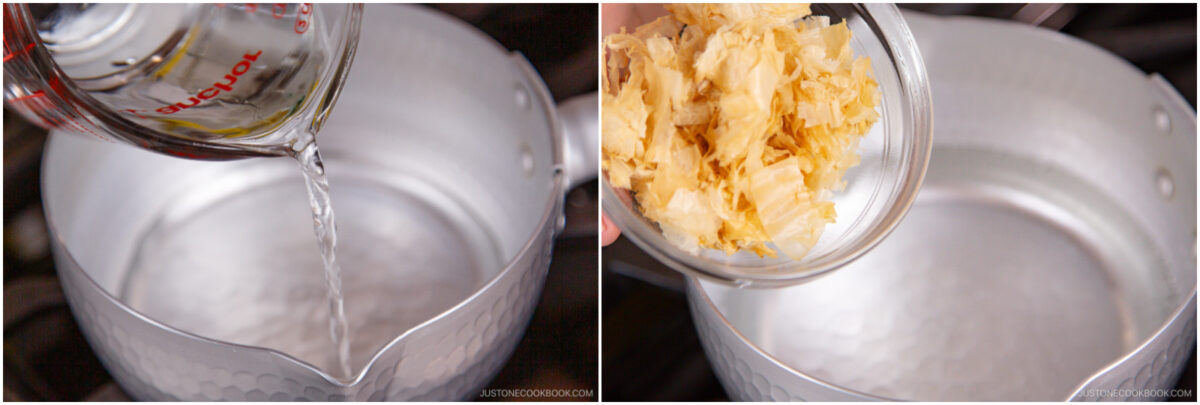Side-by-side images: left, water is being poured into a silver pot; right, dried ingredients are being added from a bowl into the same pot on a stovetop.