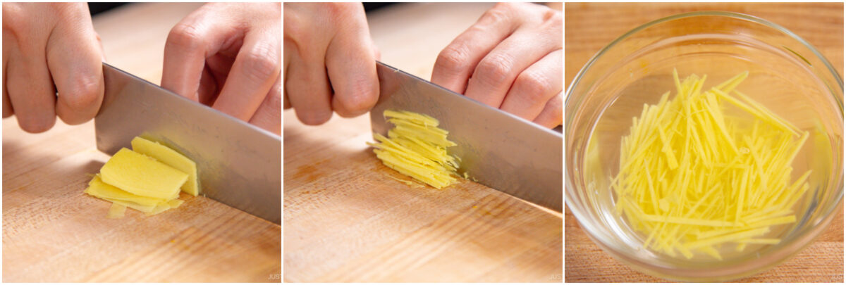 Three images showing hands slicing ginger on a cutting board: first into thin slices, then into thin strips, and finally the ginger strips collected in a glass bowl.
